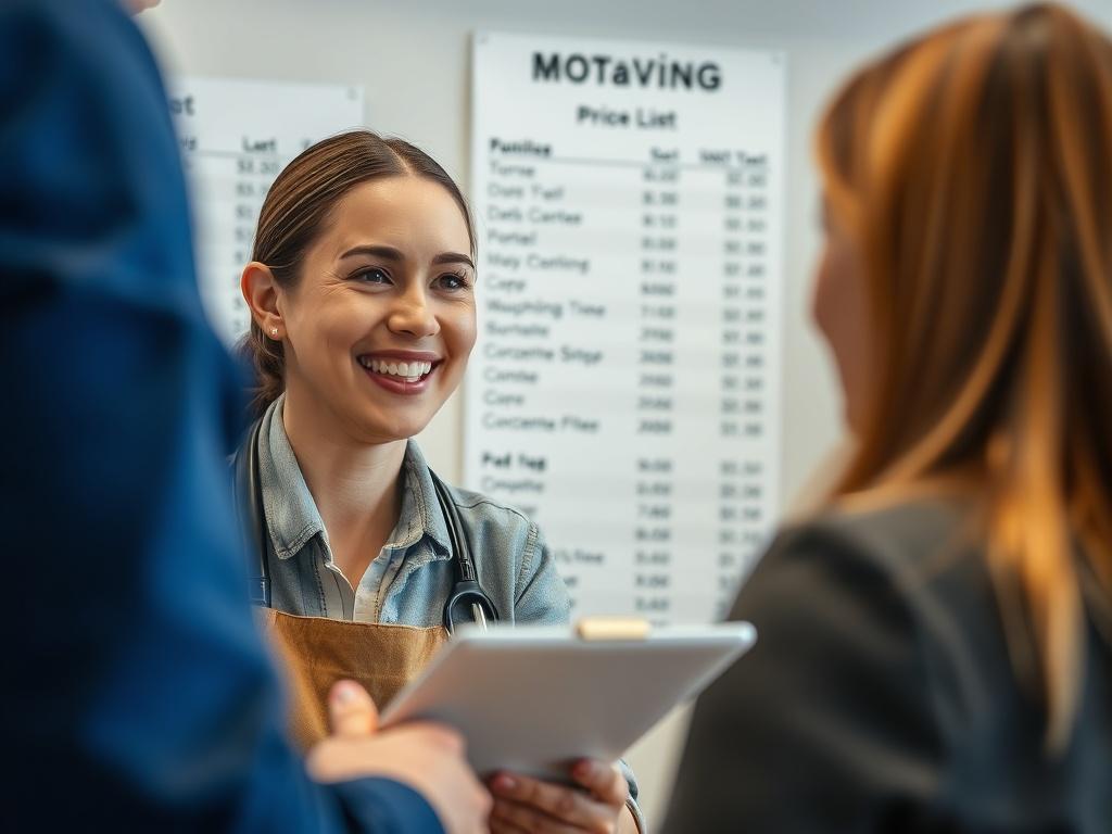 A close-up shot of a friendly customer service representative discussing moving options with a customer, with a clear view of a price list in the background. The focus should be on the representative's welcoming smile and the customer's engaged expression.