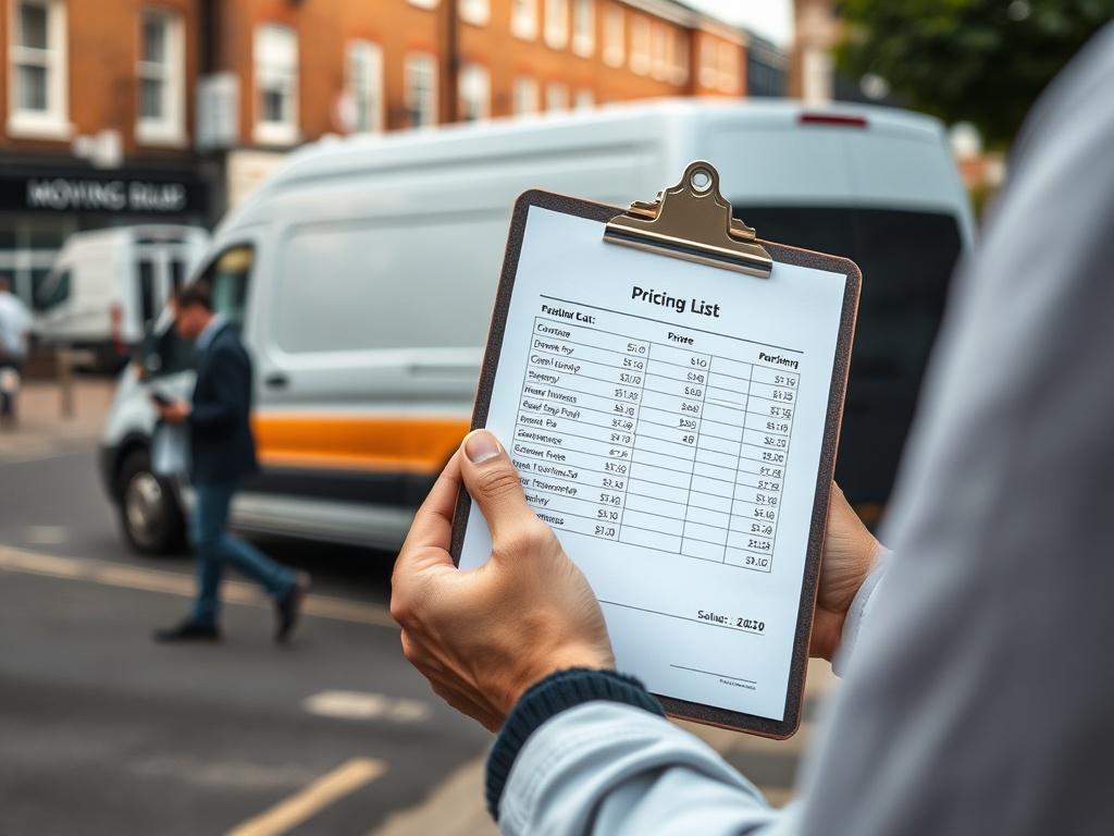 A close-up shot of a price list displayed on a clipboard held by a moving professional in Rainham. The background shows a busy street in East London, with a medium van parked nearby and customers discussing their moving plans.
