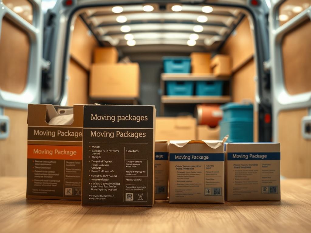 A close-up shot of various moving package options displayed on a table, highlighting different choices available for customers in Rainham. The background features a tidy and organized moving van ready for the next job.