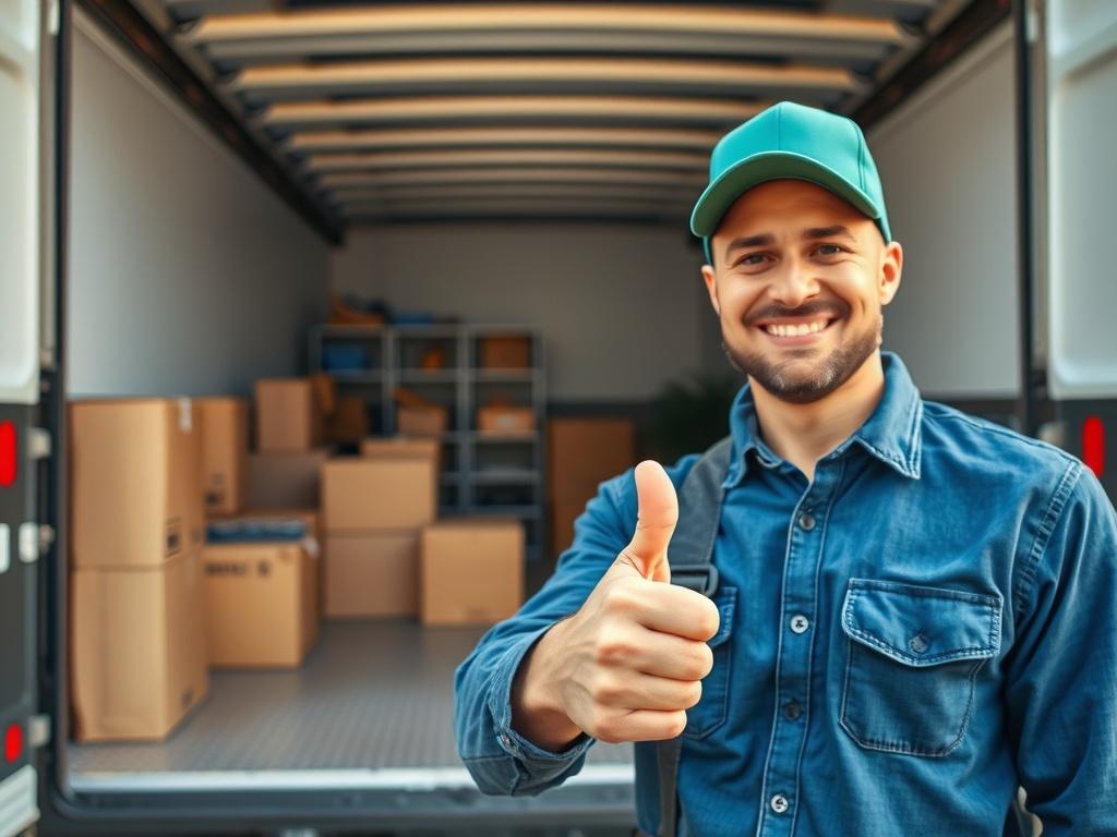 A close-up shot of a friendly moving professional giving a thumbs-up while standing beside a moving truck. The background features a well-organized and clean moving setup with packed boxes and furniture neatly arranged. The scene is bright and inviting, with a focus on the moving professional's warm smile, conveying trust and reliability in the moving service.
