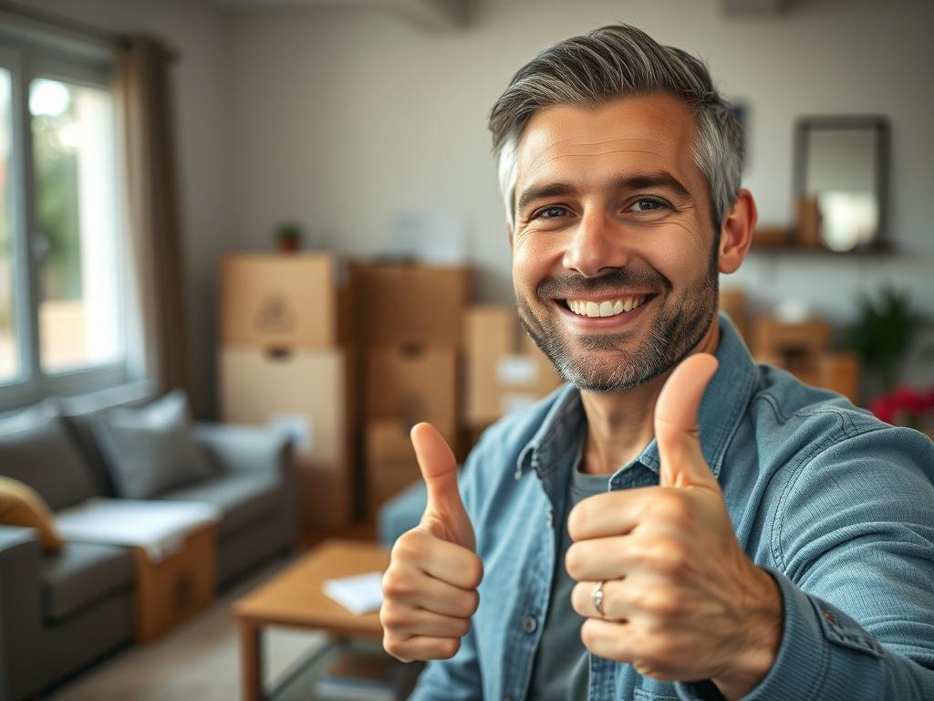 A close-up shot of a smiling client giving a thumbs up in a well-lit, cozy living room that has moving boxes in the background. The client is wearing a casual outfit, exuding a sense of comfort and trust. The image is shot with a 45mm f/1.2 lens style, emphasizing the client's expression and the positive atmosphere of the setting.