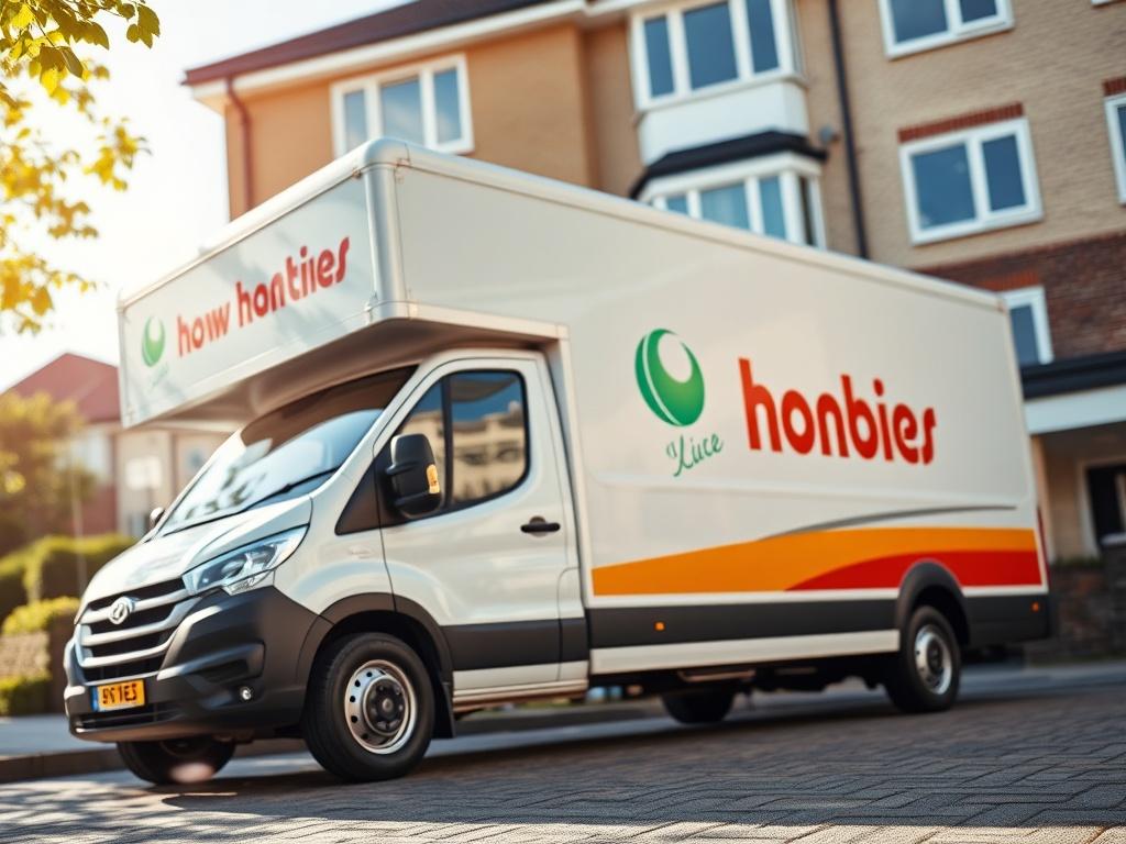 A close-up shot of a professional moving van parked in front of a residential building in Barking, showcasing the van's branding. The background includes a clear, sunny day with a hint of greenery to represent a fresh start. The photo should be taken with a 45mm f/1.2 lens style for a hyper-realistic effect.