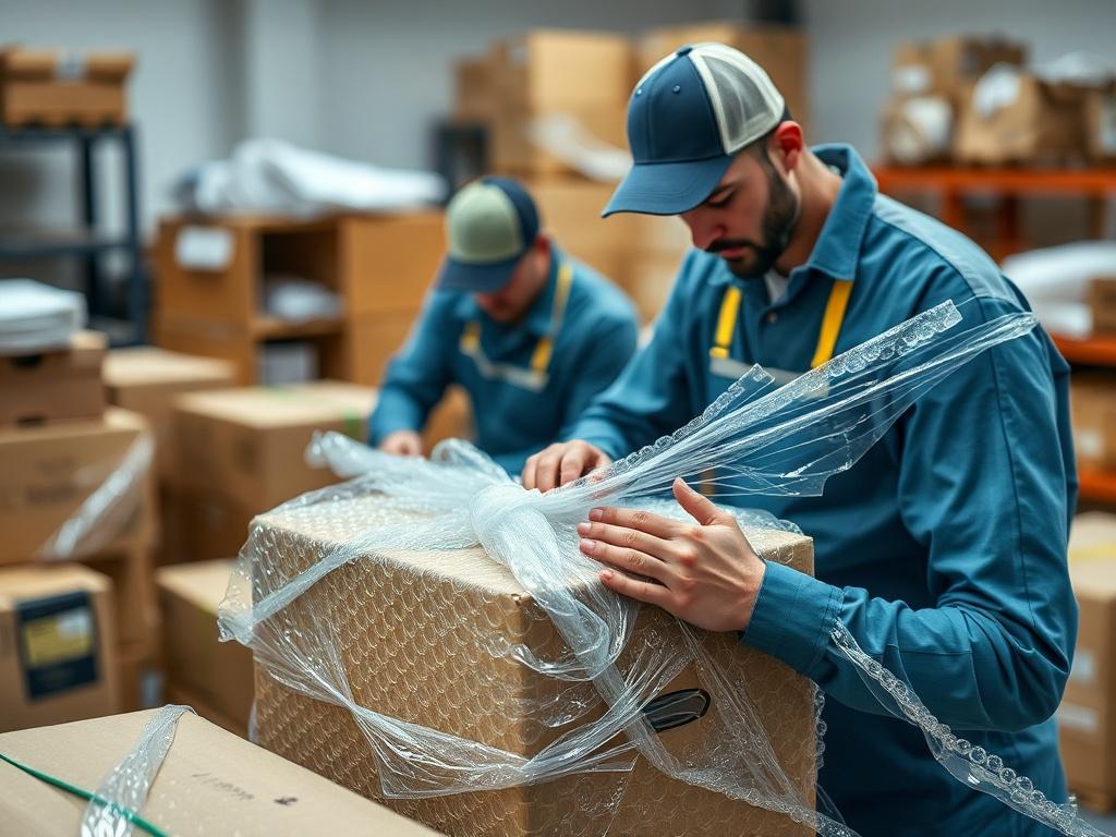 A close-up shot of a professional packing team carefully wrapping fragile items in bubble wrap. The setting should have moving boxes and packing materials around, showcasing an organized packing area. The background should be slightly blurred to emphasize the team in action. The photo should be taken with a 45mm f/1.2 lens style for a hyper-realistic effect.