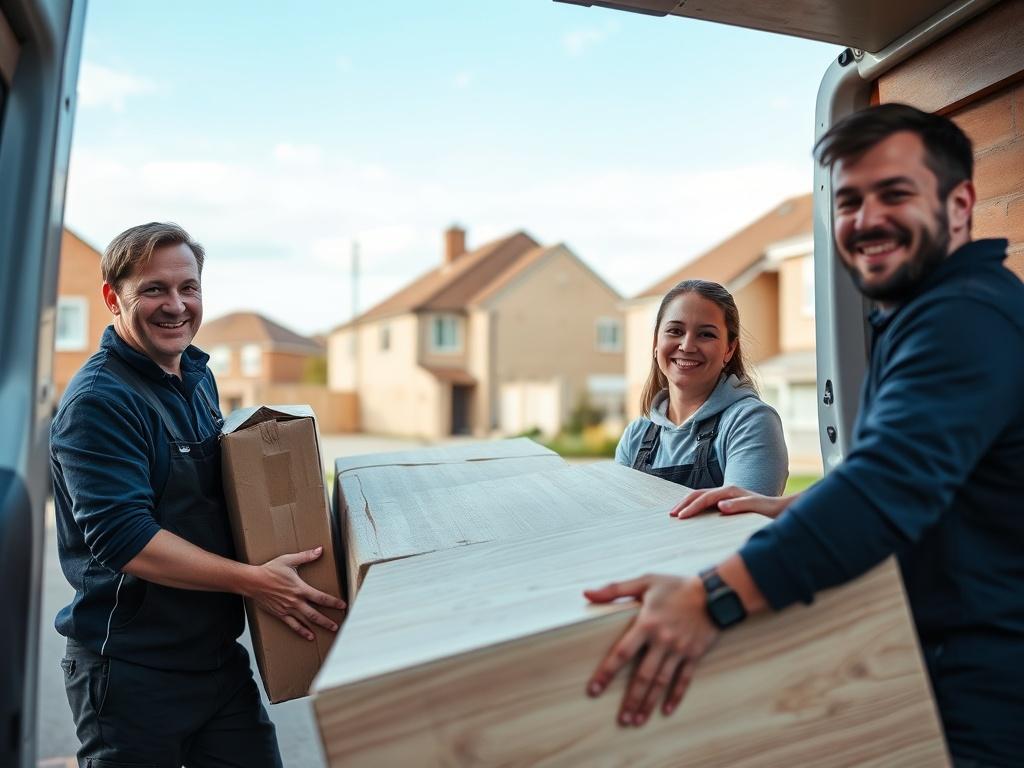 A close-up shot of a friendly moving team loading furniture into a van. The team should be smiling and engaged, showcasing a professional demeanor. The background should depict a residential area in Barking with clear skies, emphasizing a positive moving experience. The photo should be taken with a 45mm f/1.2 lens style for a hyper-realistic effect.