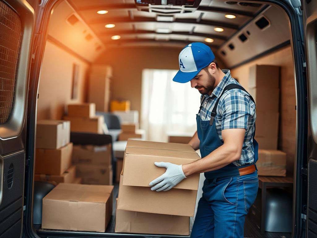 A close-up shot of a professional mover carefully packing a family's belongings into a medium-sized van. The background shows an organized moving scene with boxes and furniture. The image should reflect a sense of care and professionalism, shot with a 45mm f/1.2 lens style.