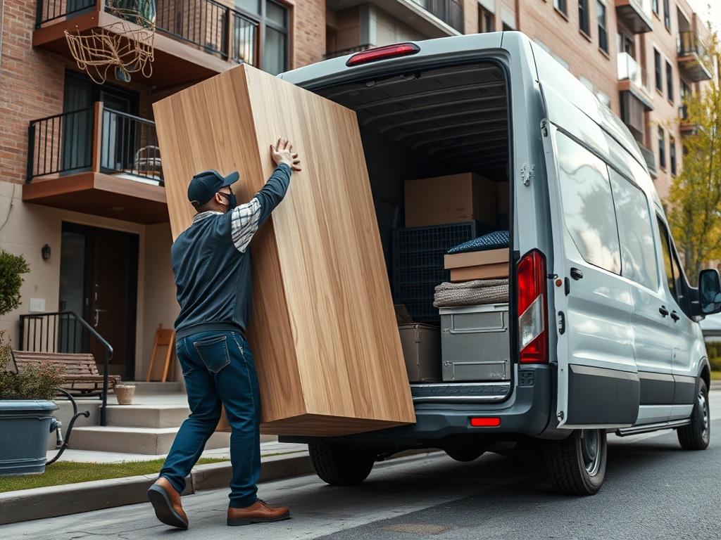 A close-up shot of a mover lifting a large piece of furniture into a medium van parked near an apartment building. The scene captures the careful handling of items, conveying professionalism and efficiency, shot with a 45mm f/1.2 lens style.