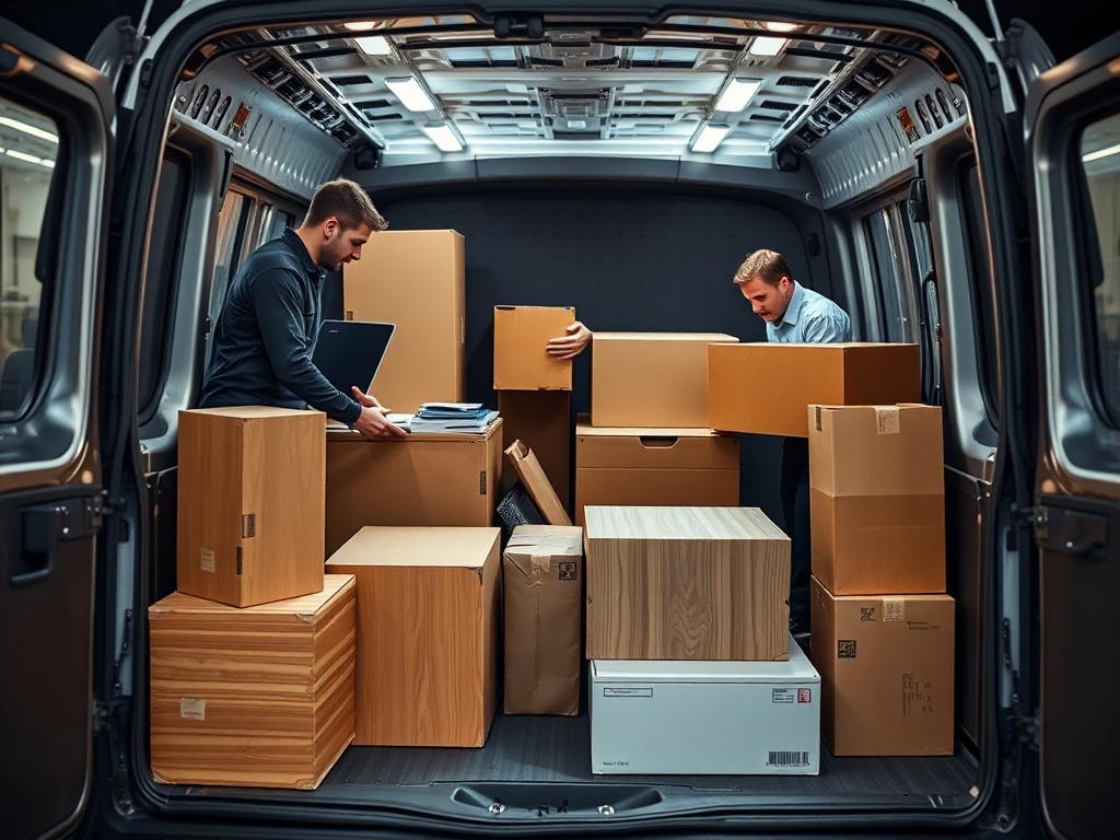A close-up shot of a professional team packing office equipment and furniture into a medium van. The background should depict a busy office environment, highlighting the organized chaos of moving, shot with a 45mm f/1.2 lens style.