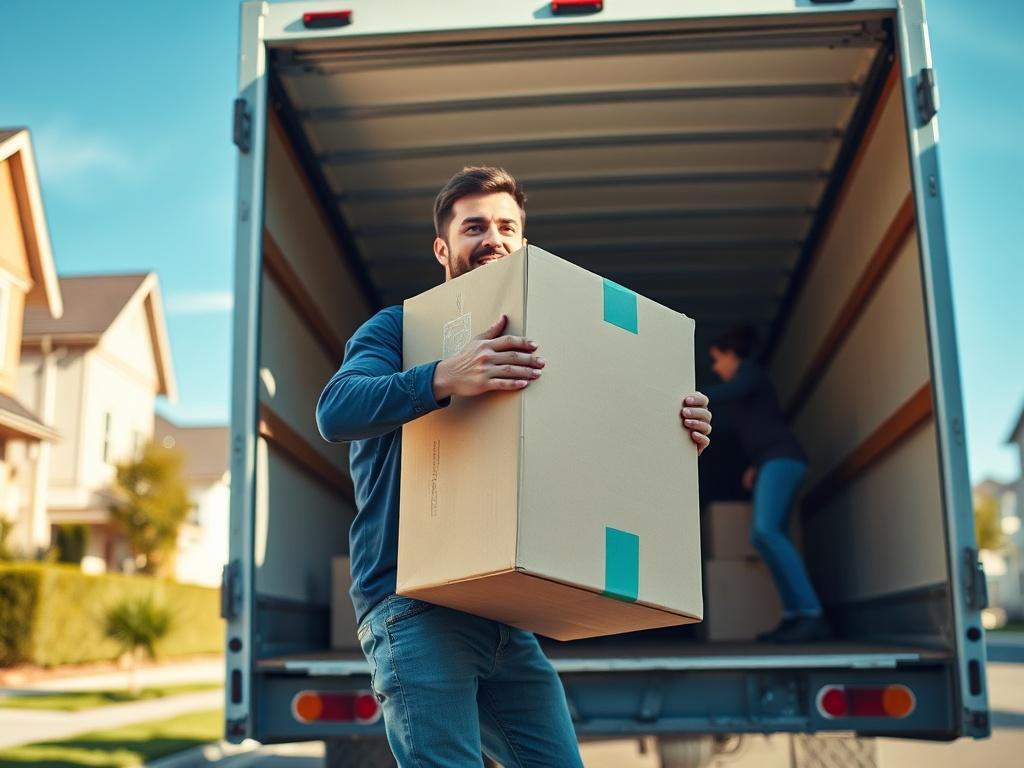 A dynamic action shot of a professional mover lifting a large box into a moving truck, showcasing teamwork and effort. The background features a tidy residential street with a clear blue sky. The focus is on the mover's expression of determination and professionalism, with a high-resolution close-up capturing the details of the moving truck and the box. The colors are vibrant, emphasizing the spirit of a successful move.