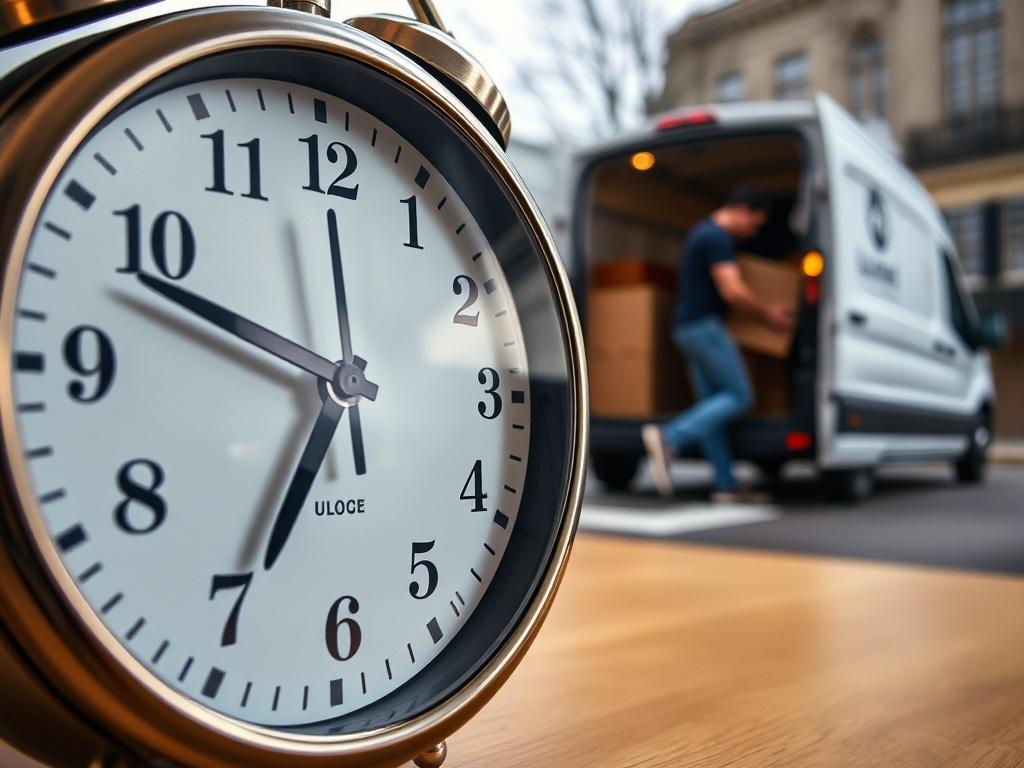A close-up shot of a clock showing 9:00 AM, with a mover loading a van in the background. The scene conveys a sense of urgency and reliability in the moving process, highlighting the commitment to timeliness. Use a hyper-realistic style with a clear focus on the clock and mover.