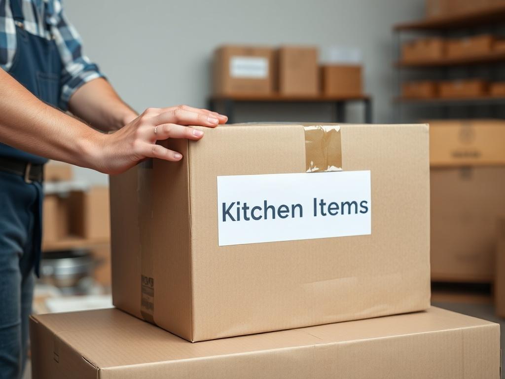 A close-up shot of a neatly packed box labeled 'Kitchen Items' being sealed by a professional mover. The background should be a well-organized packing area, emphasizing the care and attention to detail in the packing process. Use a hyper-realistic style.