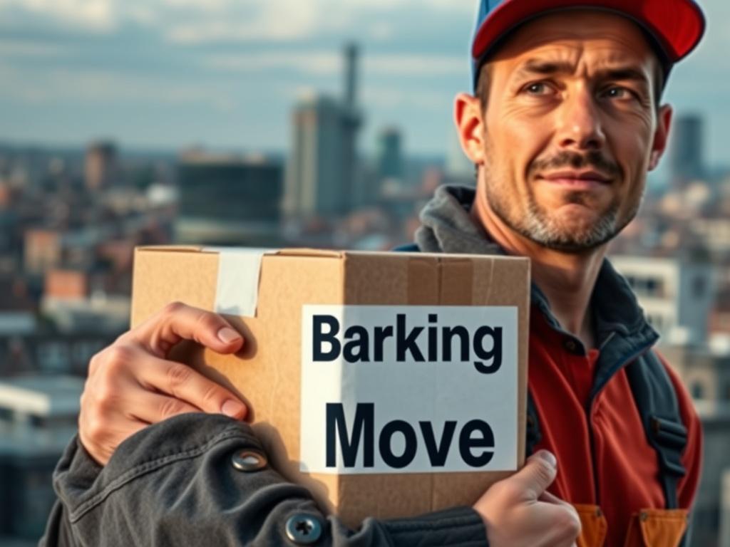 A close-up shot of a mover carrying a box labeled 'Barking Move' with a cityscape of Barking in the background. The focus should be on the mover's determined expression and the box, showcasing local expertise in a professional manner. Use a hyper-realistic style with a simple background.