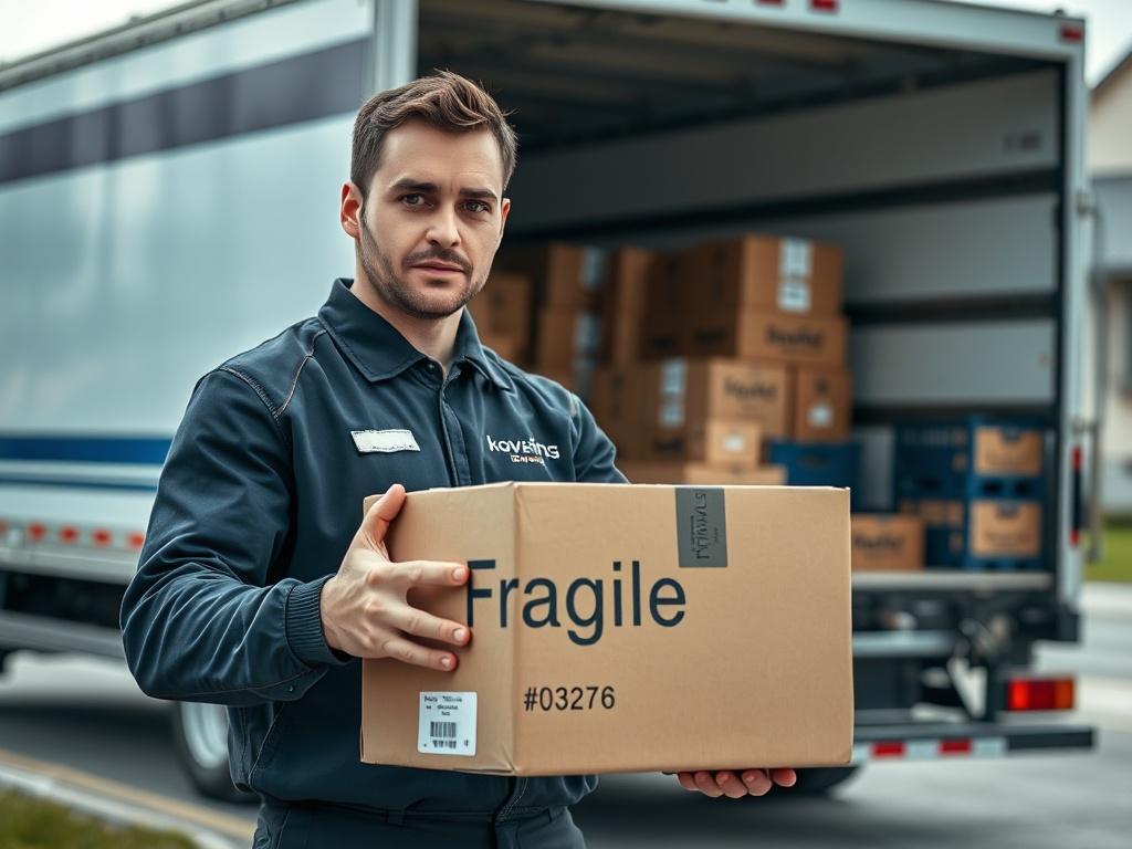 A hyper-realistic close-up shot of a professional mover carefully handling a box labeled 'Fragile'. The mover is wearing a uniform with the company logo, displaying a focused and determined expression. The background is softly blurred, showcasing a well-organized moving truck parked nearby, filled with neatly stacked boxes. The color scheme should harmonize with the primary color #062767.