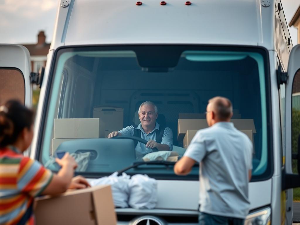 A high-resolution image capturing a driver of a moving van alongside one or two helpers busily packing items into the van. The scene conveys teamwork and efficiency, set against a backdrop of a residential area in Romford, suggesting a smooth moving process.