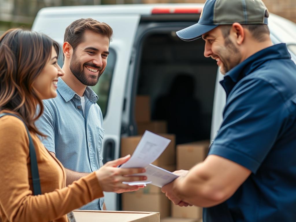 A close-up shot of a satisfied customer discussing moving costs with a professional mover, with a visible van in the background. The setting highlights a casual yet professional interaction, emphasizing transparency and affordability in moving services.