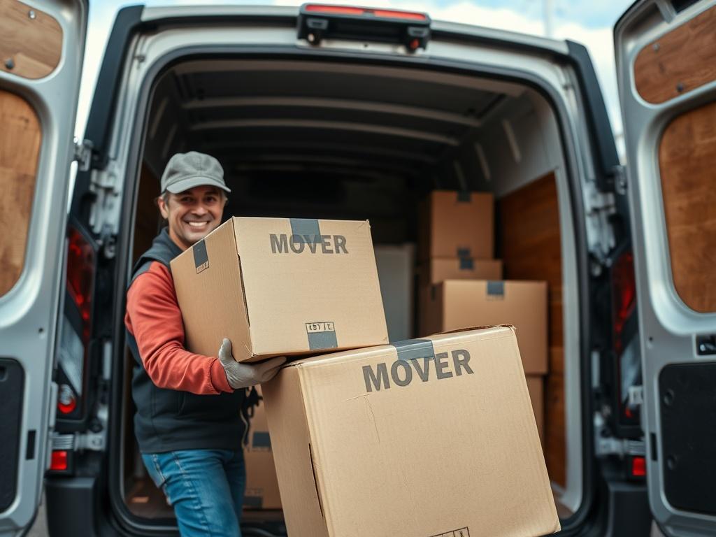 A close-up shot of a smiling professional mover loading boxes into a medium-sized van, showcasing the organized and careful handling of items. The background features a suburban street in Romford, with clear skies and well-maintained houses, emphasizing a friendly and efficient atmosphere.
