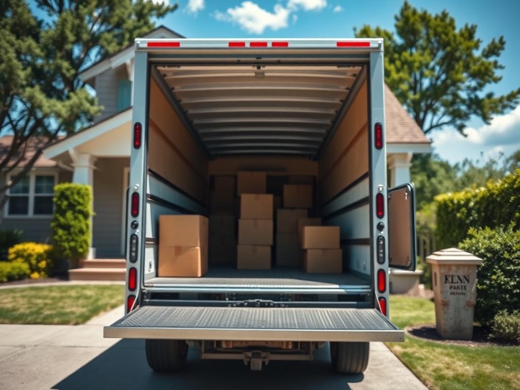 A high-resolution photo of a moving truck parked outside a charming home, showcasing an open back filled with neatly packed boxes. The truck is in focus, with bright colors highlighting its details. The background features a sunny day with greenery and a clear blue sky, creating a welcoming atmosphere. The image should capture a sense of reliability and professionalism in the moving process.
