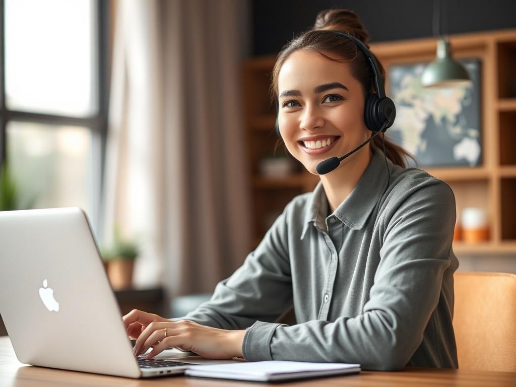 A close-up shot of a friendly customer service representative ready to assist customers. The background should be softly blurred to focus on the representative, showcasing a warm and welcoming environment. The representative is smiling, wearing a headset, and sitting at a modern desk with a laptop and notepad. The color theme should incorporate the primary color rgb(2, 86, 197) subtly in the decor.