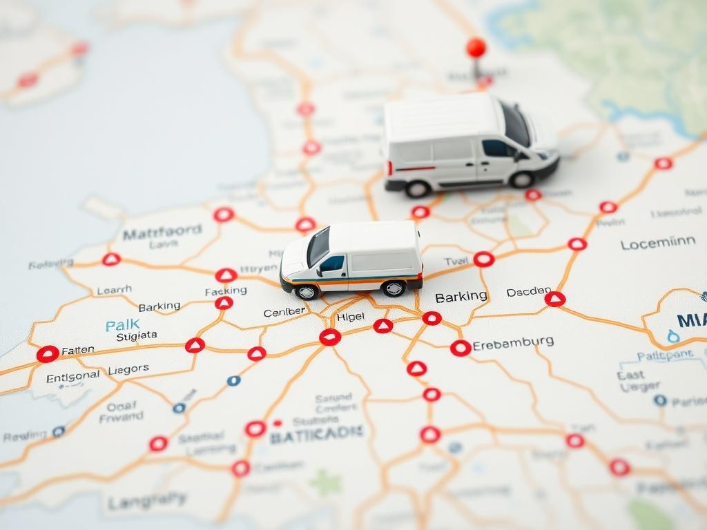 A map of Barking with a moving van icon marking key locations. The map should have highlighted routes showing efficiency and expertise, focusing on local knowledge. The image should be bright and engaging, inviting viewers to consider the benefits of local movers.