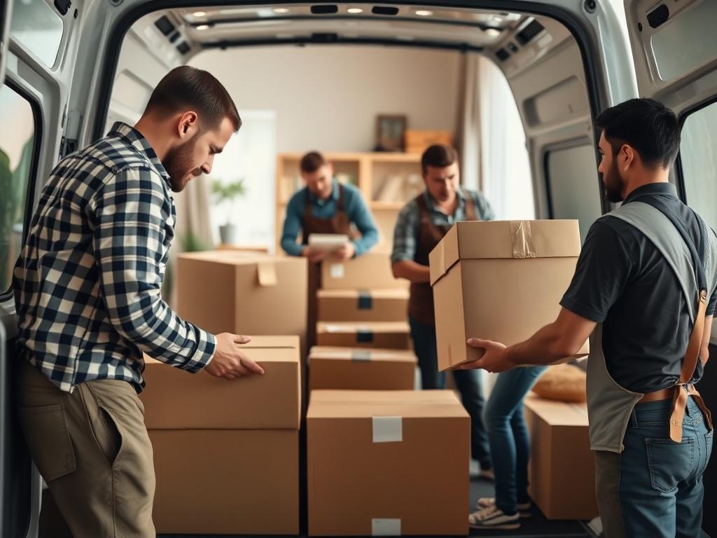 A close-up shot of a professional moving team carefully packing household items into a van. The background shows a neatly organized living room with boxes ready for transport, conveying a sense of order and professionalism. The image should have vibrant colors and a focus on teamwork, showcasing the movers in action.