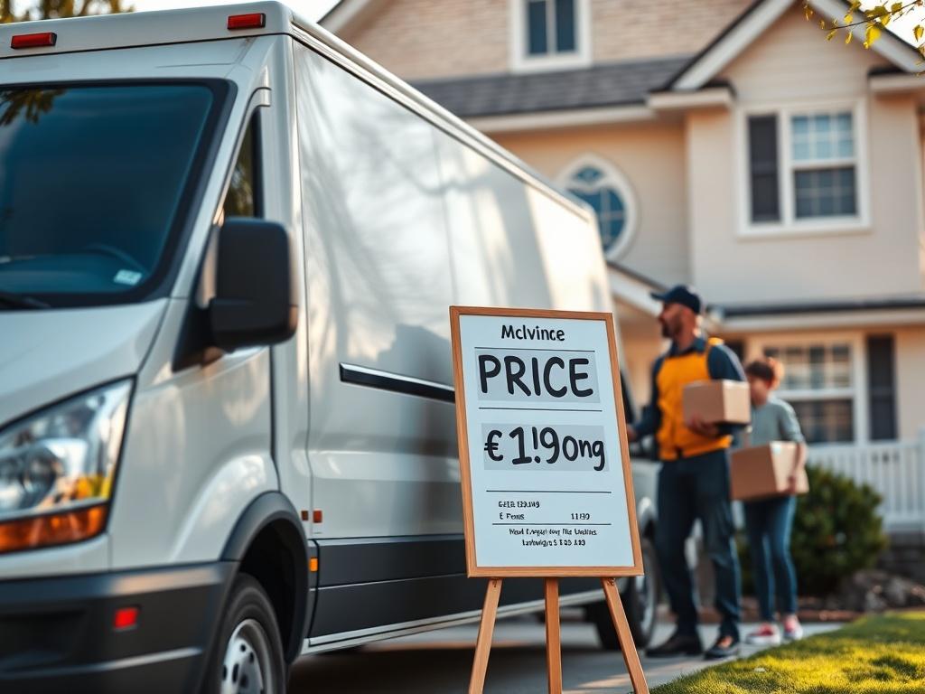 A professional moving van parked outside a residential home with a clear price tag displayed on a board next to it. The scene should depict a friendly mover greeting a family, showcasing affordability and customer satisfaction. The background should feature a bright, sunny day, enhancing the welcoming atmosphere.