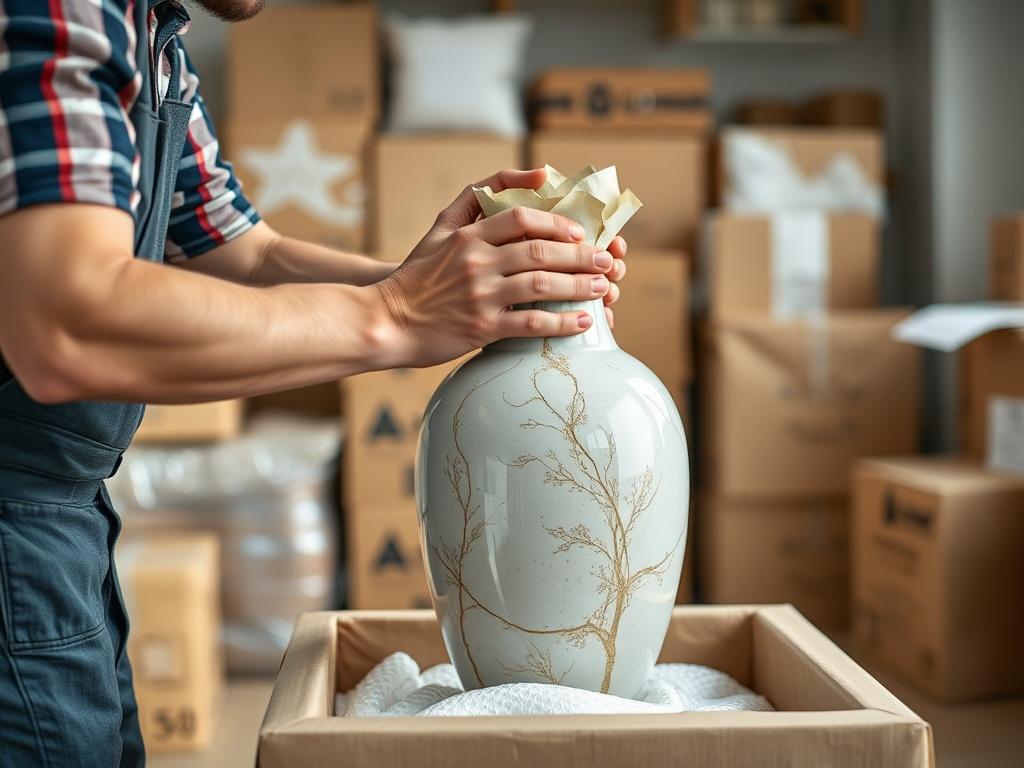 A close-up shot of a professional mover delicately handling a large, fragile vase while packing it in a cushioned box. The background should be a well-organized packing area, with various packing materials like boxes and bubble wrap, creating an atmosphere of meticulous care.
