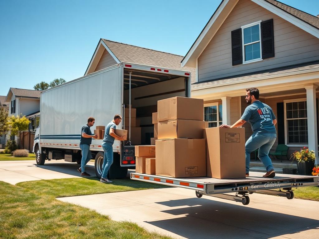 A high-resolution photo of a moving truck parked outside a suburban house, with movers unloading boxes and furniture. The scene should convey a sense of teamwork and efficiency, with clear blue skies and a well-kept yard in the background.