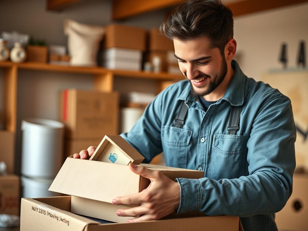 A close-up shot of a mover carefully packing a small box with household items, showcasing attention to detail and care. The background should be a well-organized room with moving supplies like bubble wrap and packing tape visible, with warm lighting emphasizing a friendly, professional atmosphere.