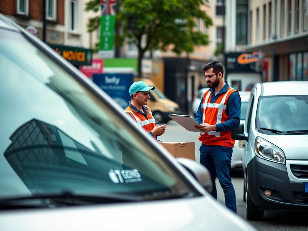 An image showcasing a variety of moving options available, with a van in the foreground and a team of movers discussing plans with a customer. The setting is a busy Stratford street, highlighting the bustling environment of East London. The composition should emphasize the professional and friendly interaction.