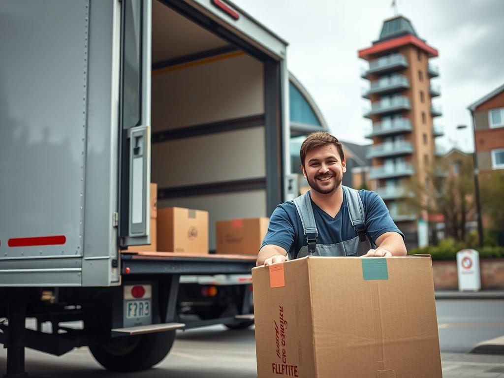 A high-resolution photo of a moving truck parked outside a flat in Stratford, East London, with a smiling team member unloading boxes. The background shows local landmarks in Stratford, conveying a sense of community and local expertise. The focus is on the friendly service, with a warm and welcoming atmosphere.