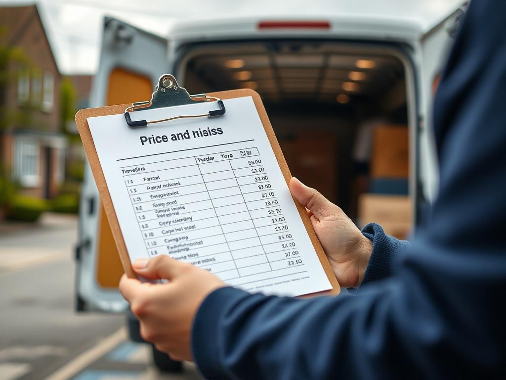 A close-up shot of a price list displayed on a clipboard held by a moving professional, set against the backdrop of a van being loaded in Stratford. The scene conveys clarity and transparency in pricing, emphasizing trust and value.