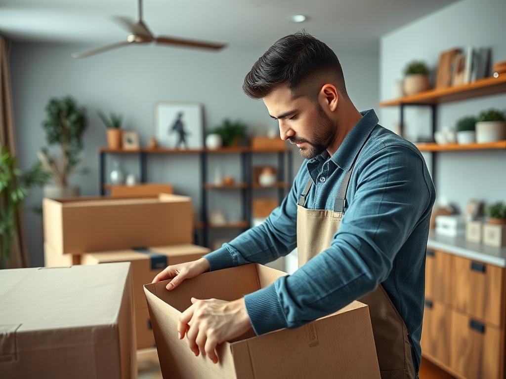 A close-up shot of a professional mover unpacking boxes in a new home, carefully placing items on shelves and counters. The background should show a cozy and welcoming living space, highlighting the organization and care involved in the unpacking process.