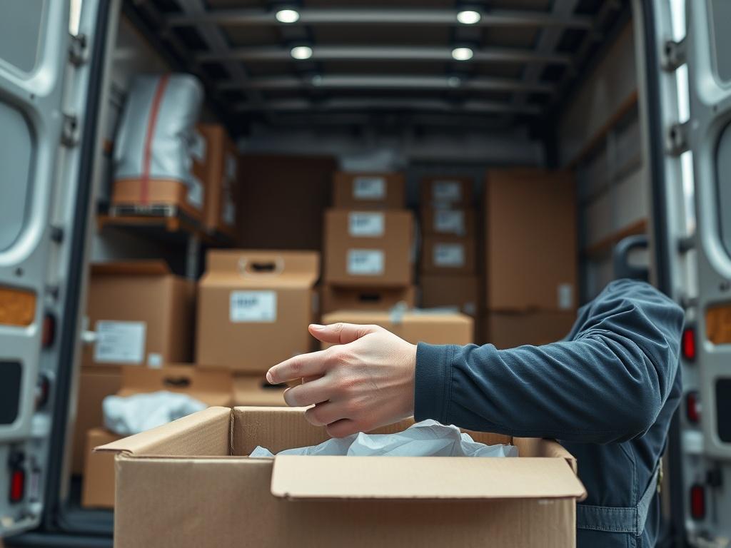 A close-up shot of a professional mover carefully packing fragile items into a box, using high-quality packing materials. The background features a well-organized moving truck with packing supplies. The image should capture the focus and precision of the packing process, emphasizing the care taken with valuable items.