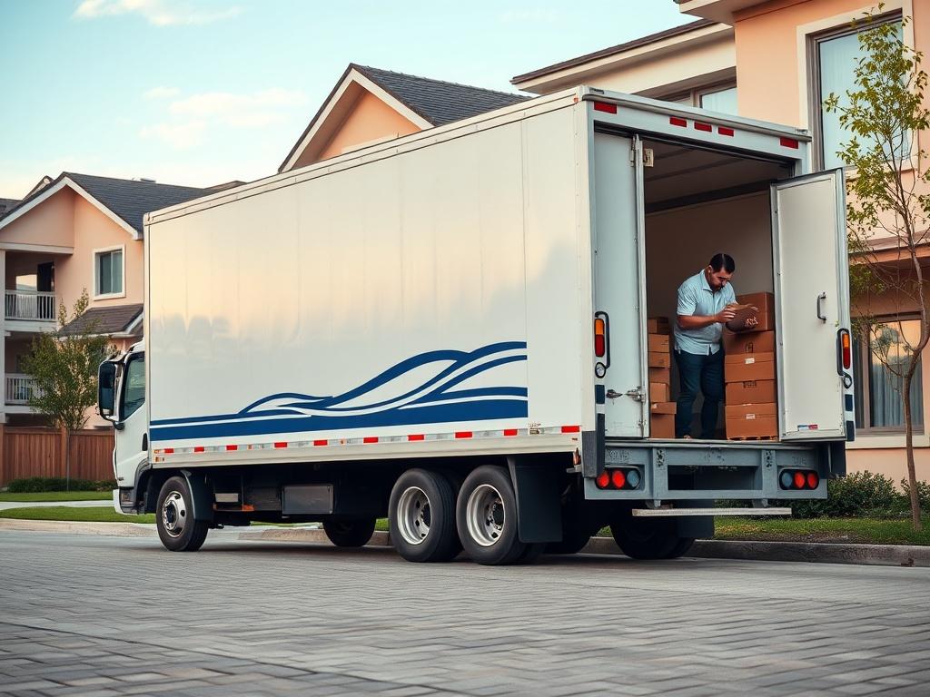A high-resolution image showing a modern moving truck parked in front of a residential building, with a professional mover loading boxes into the truck. The scene should convey a sense of reliability and professionalism, with clear skies in the background.