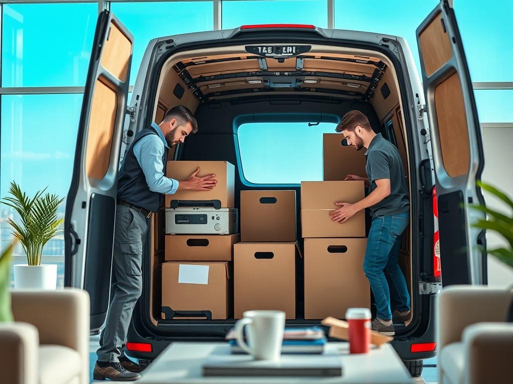 A professional moving team carefully packing office equipment into a van, with a focus on organization and efficiency. The setting is an office space with modern furniture, and the background shows a clear blue sky outside a window. The image has a hyper-realistic quality, shot with a 45mm f/1.2 lens style, emphasizing the professionalism of the movers.