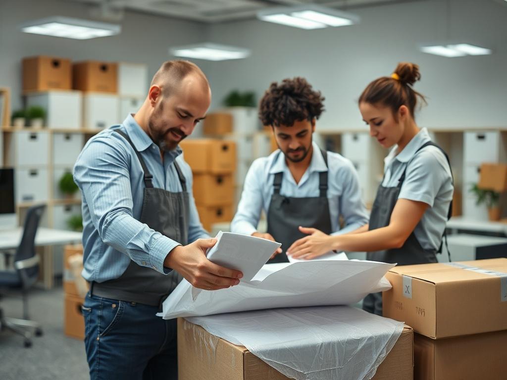 A close-up of a moving team customizing packing materials for sensitive office equipment, highlighting their attention to detail. The background features neatly organized office supplies and furniture ready for relocation. The image is hyper-realistic, with an emphasis on the care taken during the moving process, captured in a 45mm f/1.2 lens style.