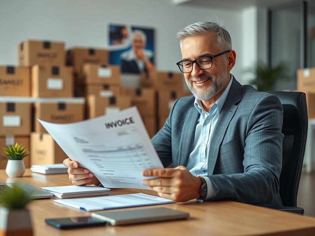 An image of a satisfied business owner reviewing a clear invoice with no hidden fees, sitting at a desk in an office. The atmosphere is positive and professional, with moving boxes in the background. The image is hyper-realistic, taken with a 45mm f/1.2 lens style, showcasing trust and satisfaction.