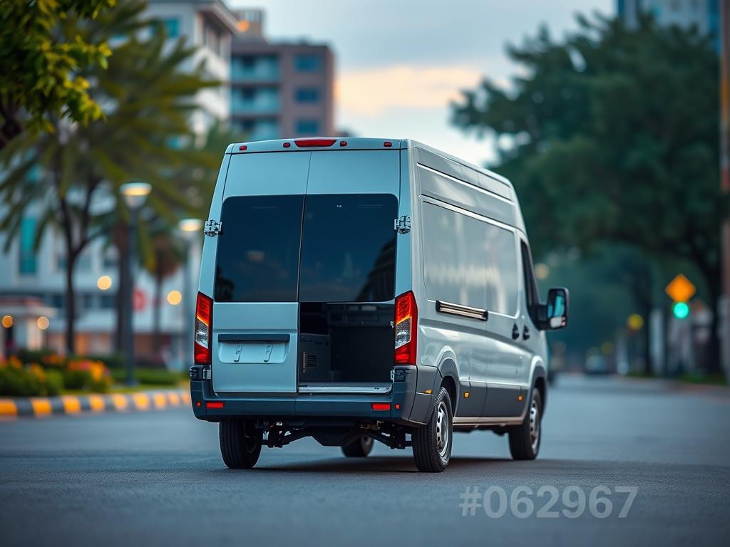 A hyper-realistic close-up shot of a small, modern moving van parked in an urban setting. The van is prominently displayed in the center of the frame, showcasing its sleek design and spacious cargo area. The background features a blurred cityscape with trees and buildings, creating a vibrant yet unobtrusive environment. The image should convey a sense of reliability and practicality, with the van's color harmonizing with the primary color #062767.