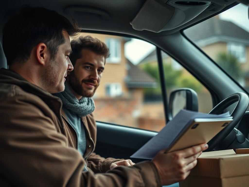 A close-up shot of a friendly Fast Any Moves Ltd driver discussing options with a customer at their East Ham home. The scene captures the thoughtful engagement between the two as they review a checklist. The background shows a cozy neighborhood, emphasizing the personal touch of local service in East London.
