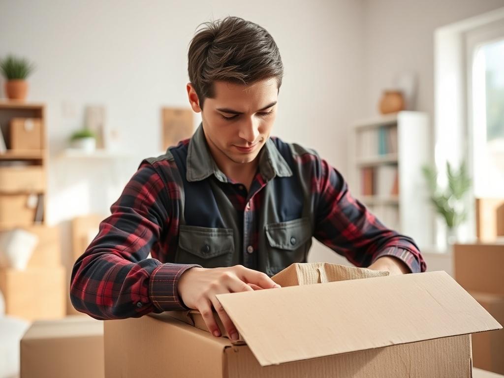 A close-up shot of a professional mover carefully packing a box with household items in a bright and organized environment. The mover is focused and diligent, showcasing the attention to detail in the packing process. The background features a clean, spacious room with soft natural lighting, emphasizing a sense of care and professionalism. The image should have a hyper-realistic style, shot with a 45mm f/1.2 lens, with a color palette that complements the primary color #062767.