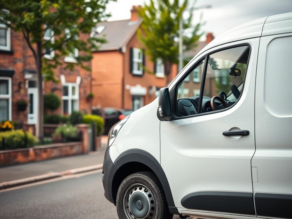 A realistic high-resolution image of a medium-sized van parked in a residential area. The van is white with the company logo clearly visible on the side. The background features a charming street with brick houses and green trees, creating a welcoming atmosphere. The focus is on the van, capturing its details and the surrounding environment, shot with a 45mm f/1.2 lens.