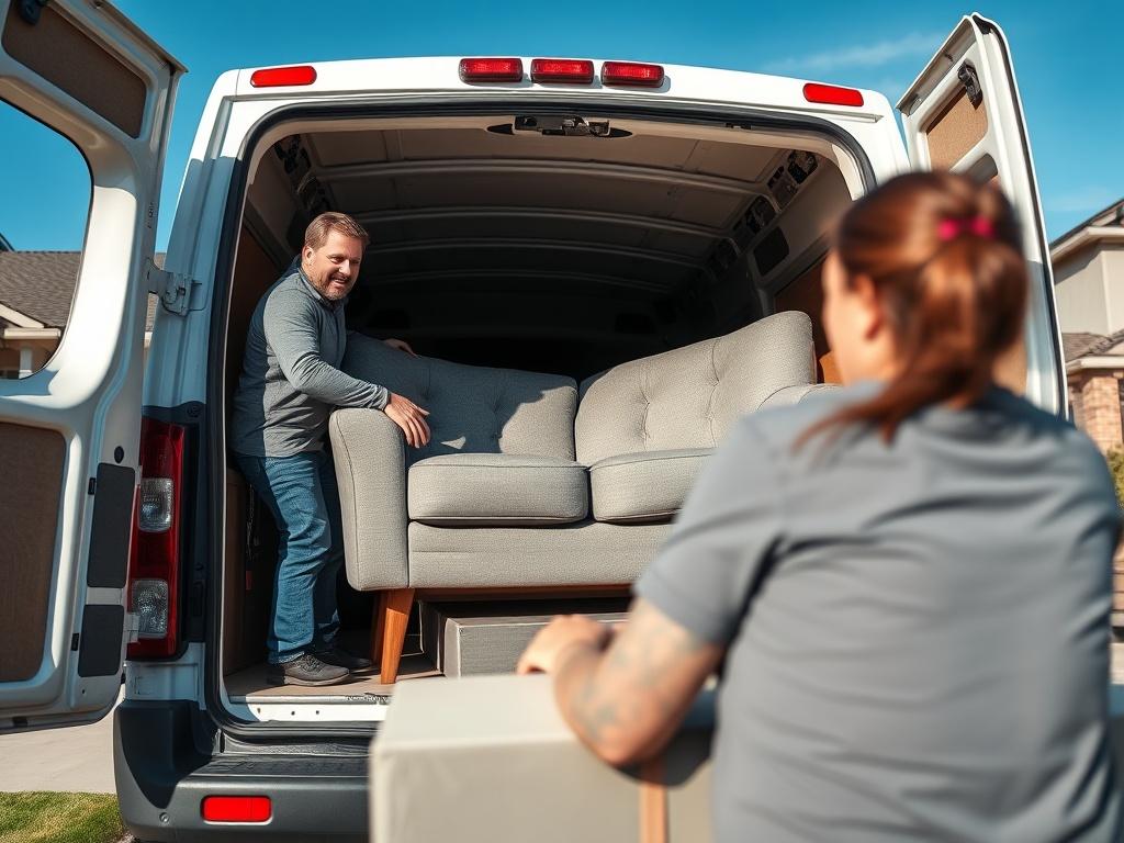 A realistic high-resolution photo showing a friendly moving team carefully loading a couch into a van. The scene is set in a residential neighborhood, with clear blue skies and a sense of teamwork, showcasing the care taken in handling the furniture.