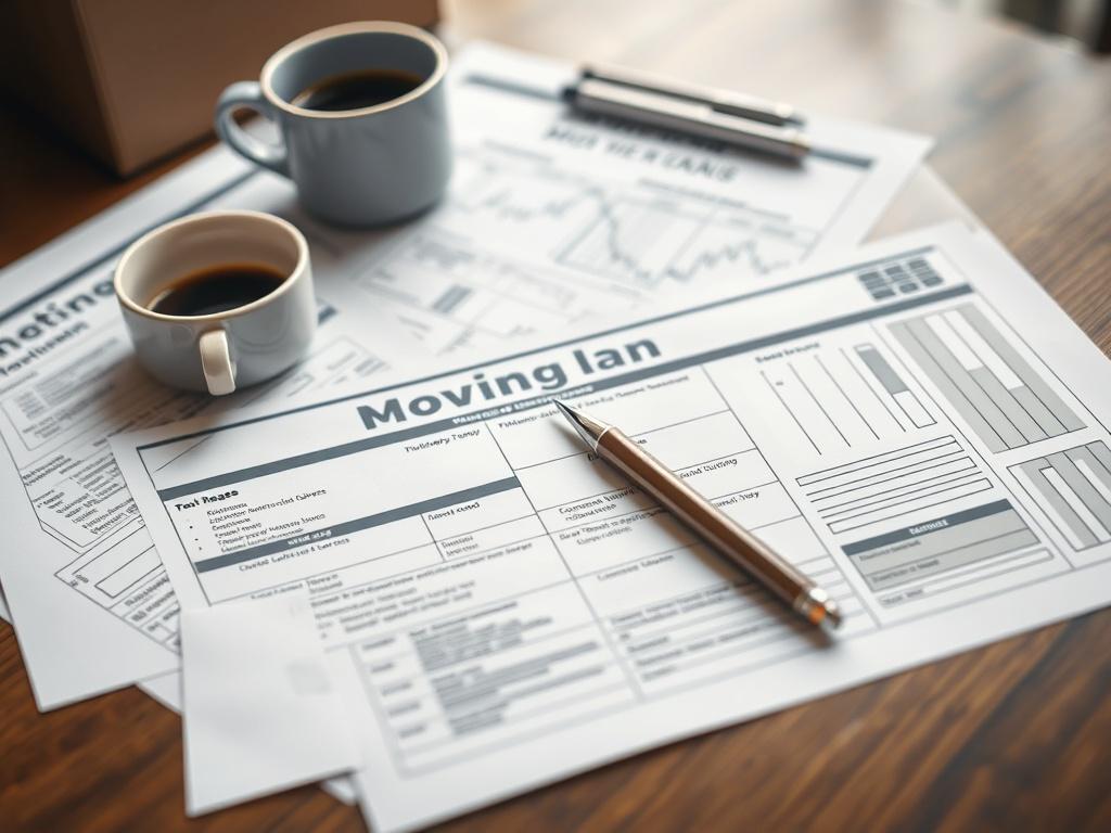 A detailed moving plan spread out on a table with a pen and coffee cup, highlighting organization and preparation for a move.