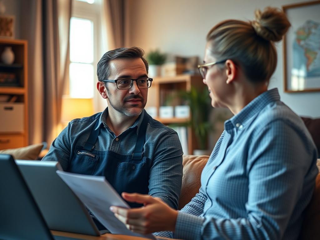 A professional mover discussing moving plans with a client in a cozy office setting, warm lighting, focused on their conversation, emphasizing trust and communication.