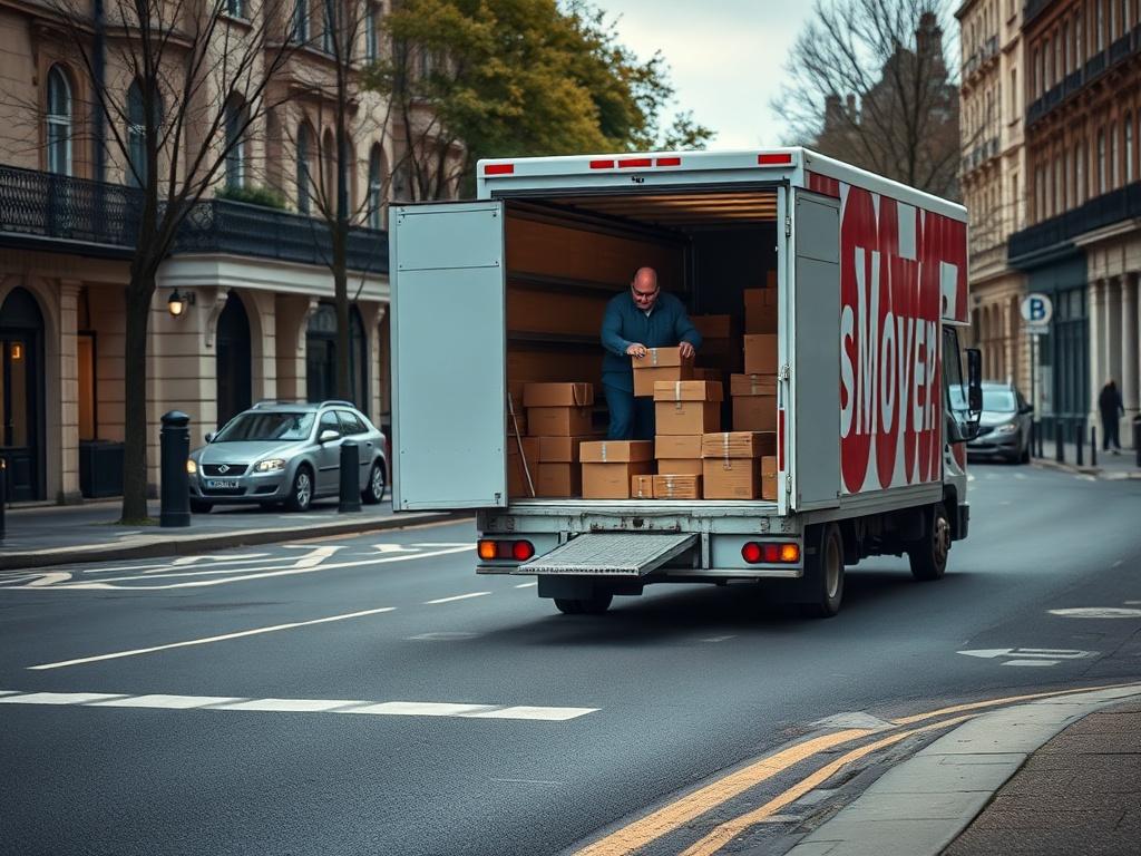 A moving truck on a London street, showcasing a professional mover loading boxes, emphasizing efficiency and care during transportation.