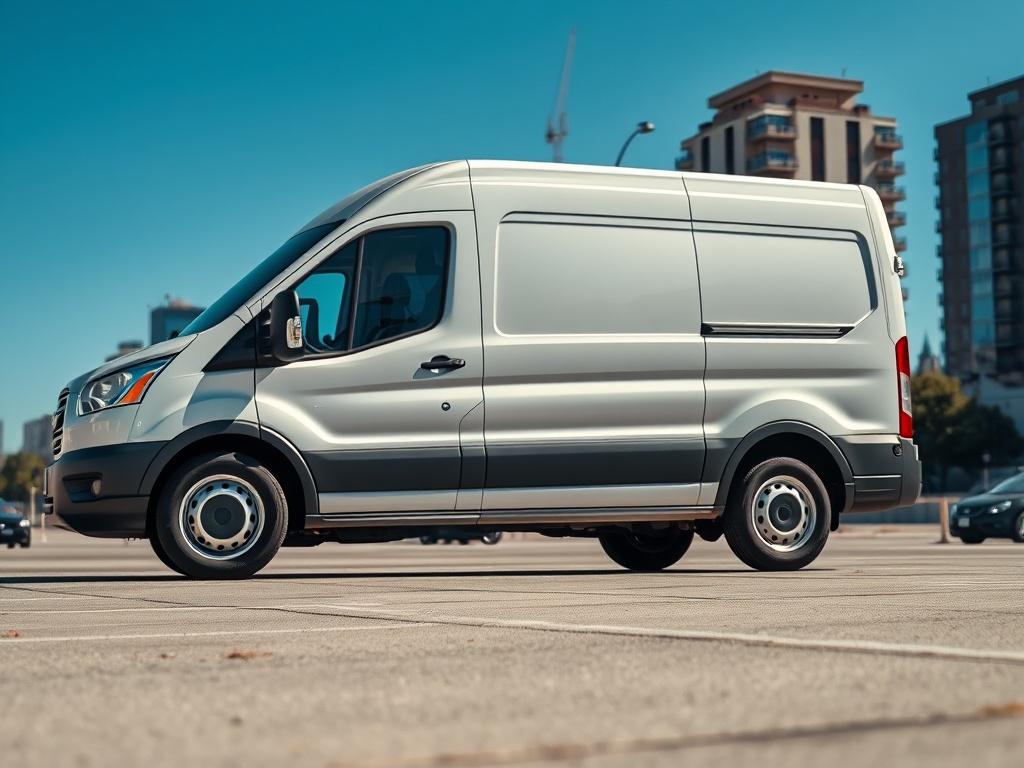 A realistic high-resolution image of a Medium Van parked in a city environment. The van should be the sole subject in the composition, showcasing its sleek design and ample cargo space. The background should feature a clear blue sky and cityscape, emphasizing the urban setting. The image should be shot in hyper-realistic style, focusing on the details of the van, with a shallow depth of field.