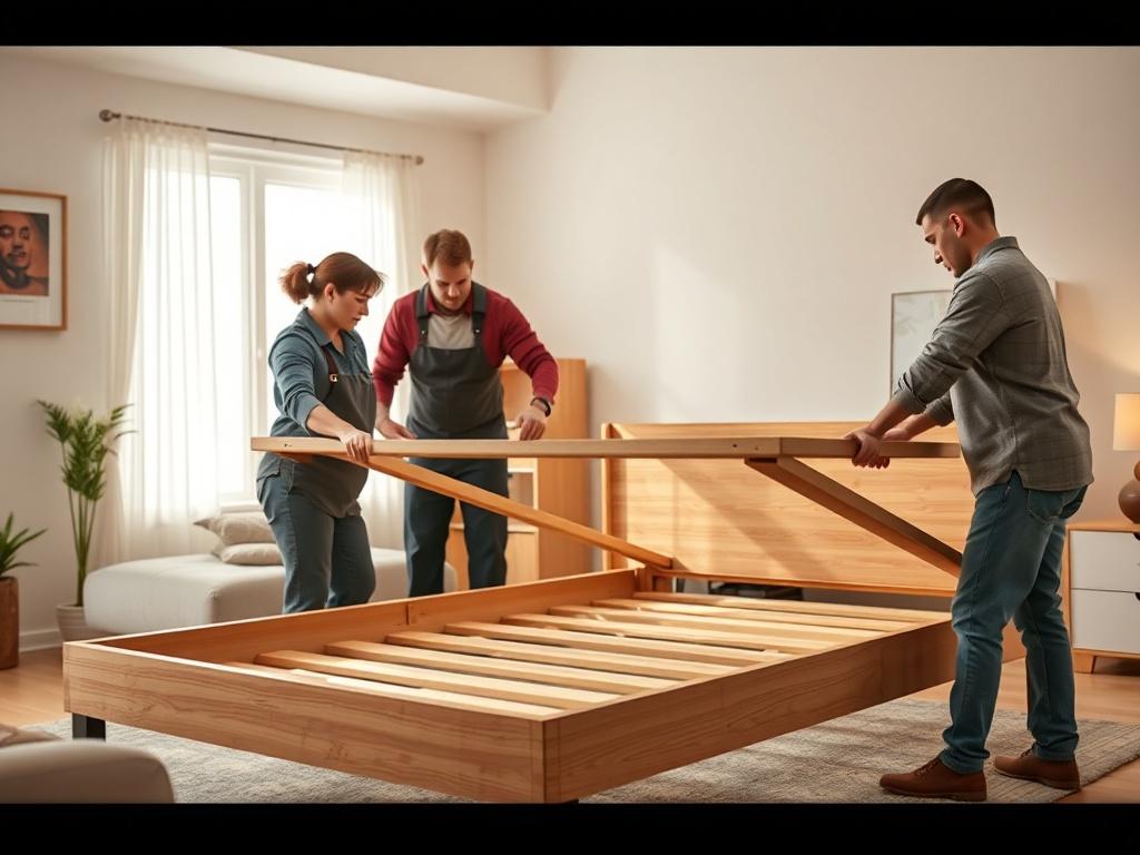 A professional moving team skillfully assembling a modern wooden bed frame in a well-lit, spacious room. The background features a neatly organized living space with minimal furniture, emphasizing the focus on the assembly process. The scene captures the attention to detail and care taken during the task, showcasing the moving team's professionalism. The color palette should complement the #062767 primary color, with warm lighting to create a welcoming atmosphere.