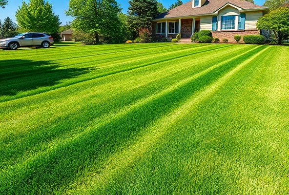 Beautifully manicured residential lawn with professional diagonal mowing stripes