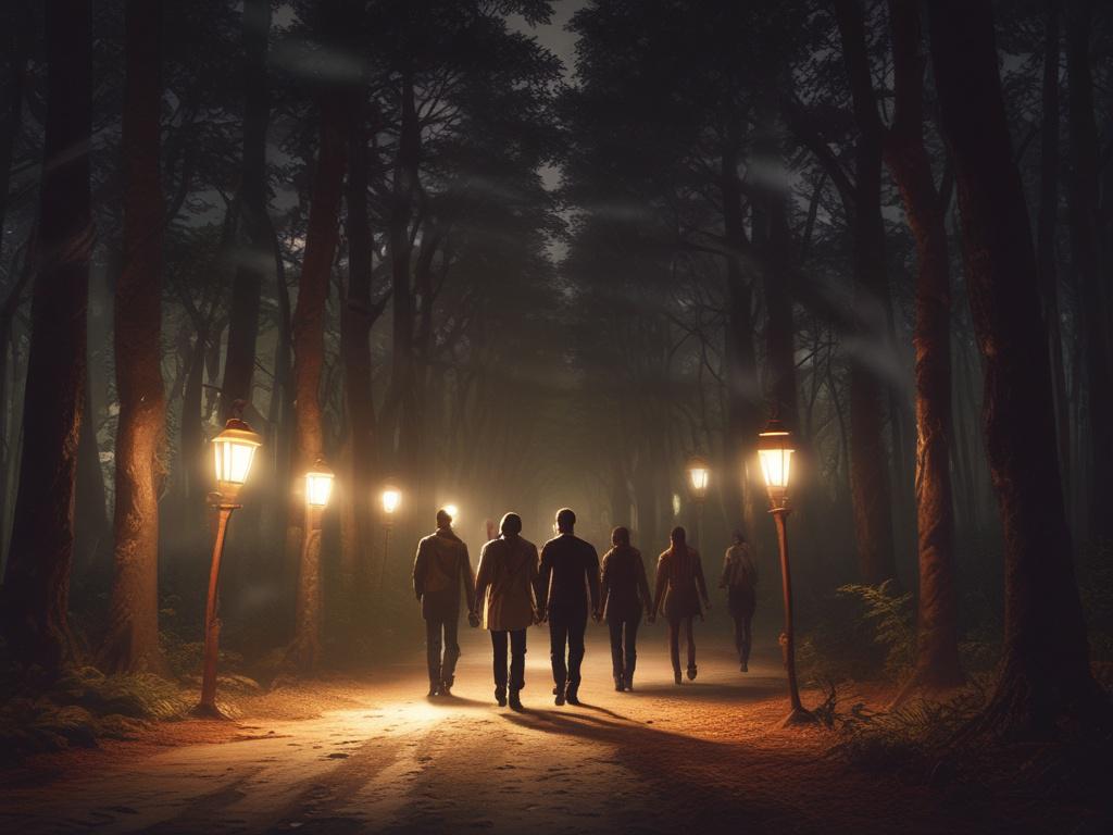 A high resolution of a group of people walking along