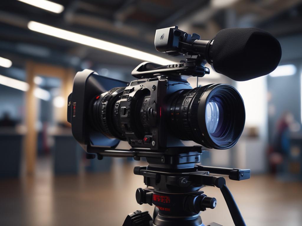 A close-up shot of a professional video production setup, featuring a high-resolution camera, lighting equipment, and a creative team in action, with a vibrant and modern atmosphere, focusing on a storyboard or ad concept, rendered in hyper-realistic detail.