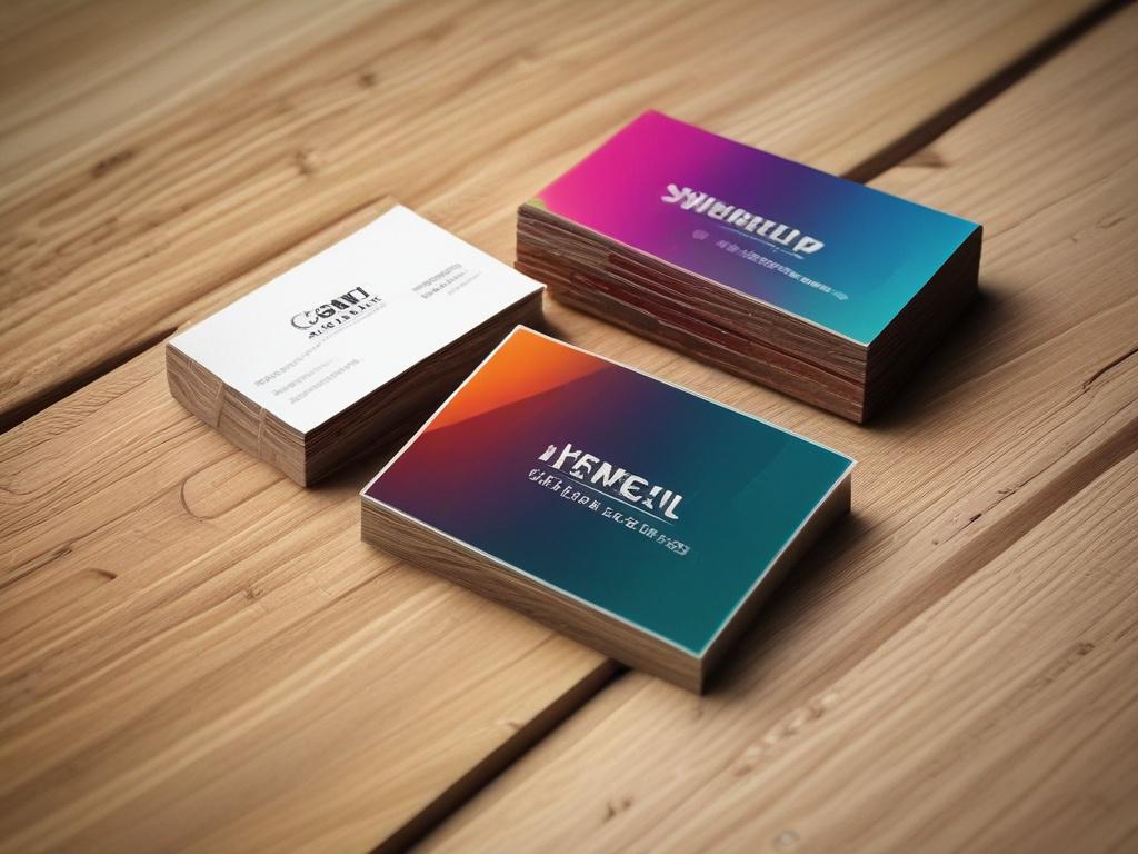 A close-up shot of a vibrant and elegant business card on a sleek wooden desk, showcasing high-resolution details. The card features a modern design with colorful elements, set against a softly blurred background that emphasizes the card. The lighting is warm and inviting, highlighting the textures and colors of the card. Shot with a 45mm f/1.2 lens.